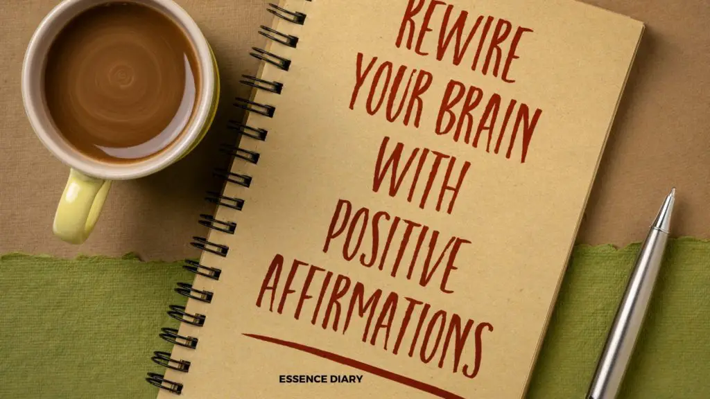 journal with 'rewired your brian with positive affirmations' on cover